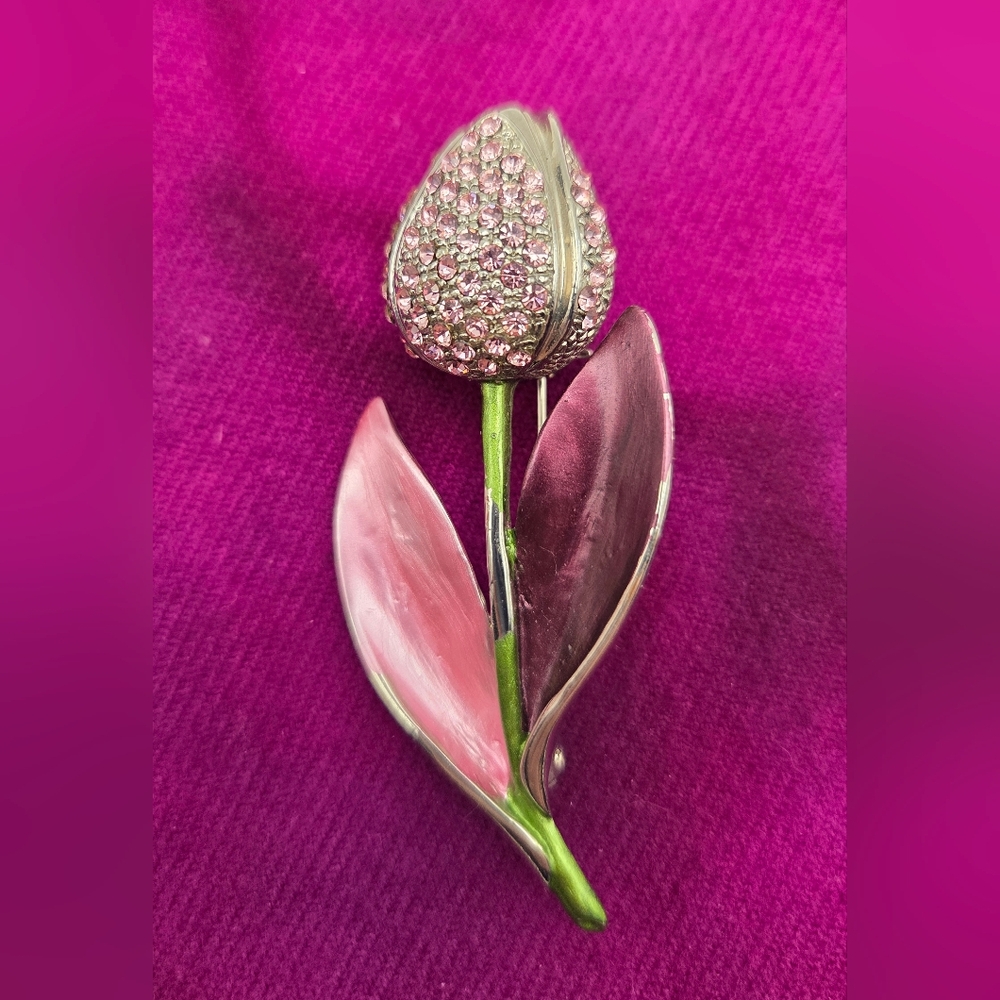Vintage Pink Rhinestone And Enamel Tulip Brooch